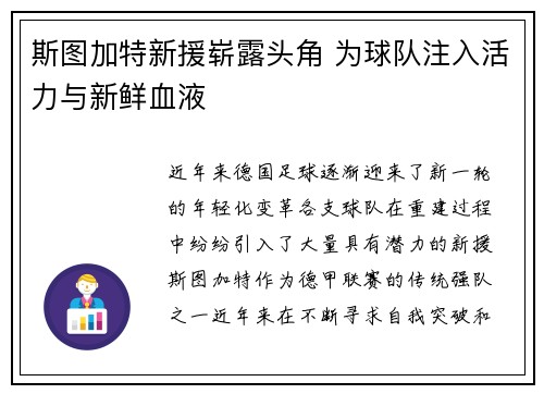 斯图加特新援崭露头角 为球队注入活力与新鲜血液
