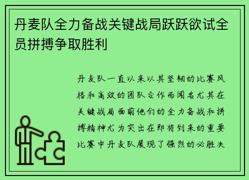 丹麦队全力备战关键战局跃跃欲试全员拼搏争取胜利