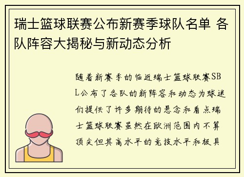 瑞士篮球联赛公布新赛季球队名单 各队阵容大揭秘与新动态分析