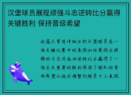 汉堡球员展现顽强斗志逆转比分赢得关键胜利 保持晋级希望