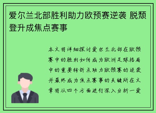 爱尔兰北部胜利助力欧预赛逆袭 脱颓登升成焦点赛事