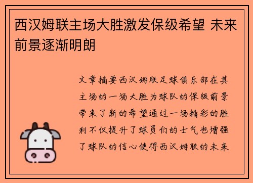 西汉姆联主场大胜激发保级希望 未来前景逐渐明朗