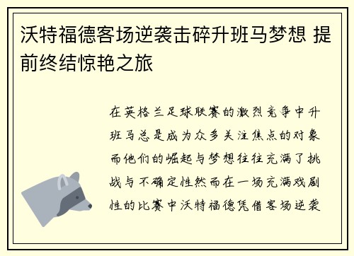 沃特福德客场逆袭击碎升班马梦想 提前终结惊艳之旅